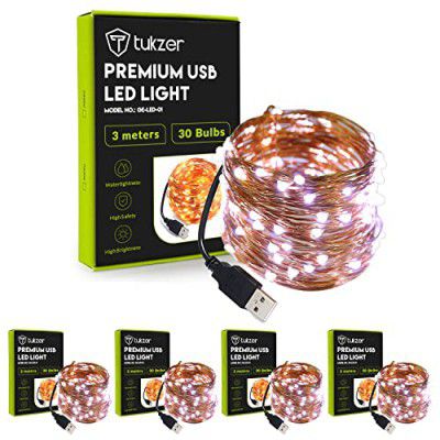 Tukzer Copper LED Fairy String Lights with USB, 3 Meter, White, Pack of 5