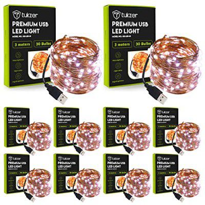 Tukzer Copper LED Fairy String Lights with USB, 3 Meter, White, Pack of 10