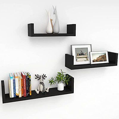 UHUD Crafts Hanging Floating Wall Mount Display U Shape Wall Shelf, Engineered Wood Wall Rack Shelf for Living Room Decoration, Showcase and for Storage (Matte Finish, Black) Set of 3