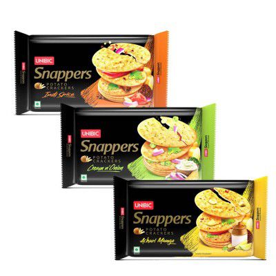 UNIBIC Snappers, Assorted Pack | Potato Crackers | Cream n Onion, Indi Spice, Achari Mango | (Pack of 3), 900g | Potato Biscuits