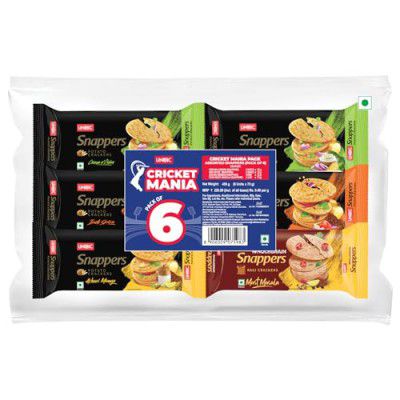 Unibic Snappers Cricket Mania I Assorted Pack I Thin Potato Biscuits I Flavoured Crisps I Pack of 6 450 gm