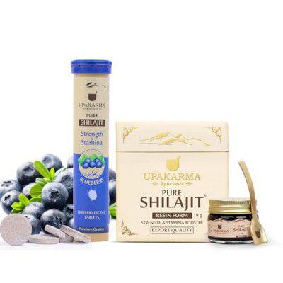 UPAKARMA Combo of Pure Shilajit Resin Form 10g & Original Shilajeet Effervescent Tablets - Blueberry Flavour | For Boost Stamina, Endurance & Strength | 100% Ayurvedic & Natural