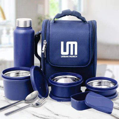 URBAN MUNCH PrimePack Lunch Box Set: 3 Stainless Steel Containers, 750ml Water Bottle, (Blue)