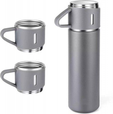 URBANHUDA Vacuum Insulated Flask set 3Cup set for Hot & Cold Drink (Giftset Grey) 500 ml Flask (Pack of 1, Grey, Steel)