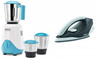 USHA RapidMix 500-Watt Copper Motor Mixer Grinder with 3 Jars (Sea Green/White) & Aurora 1000 W Dry Iron With Innovative Tail Light Indicator, Weilburger Soleplate (Black)