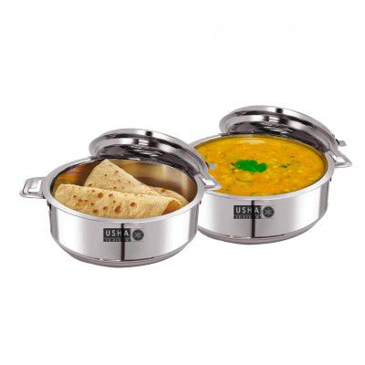 USHA SHRIRAM Stainless Steel Insulated Casserole | Double Wall Insulation, Heat Retaining Body & Easy Lock Lid Mechanism | Wobble Free Base, Glossy Durable & Easy to Clean (2L - 2Pcs)