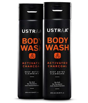 Ustraa Body Wash- Activated Charcoal 250 ml set of 2 - Deep Skin Detox with Activated Charcoal, Moisturization of Aloe Vera, Cleansing & Intense Foaming without Sulphates