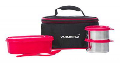 Varmora Stainless Steel Orbit Lunch Box, Pink, 3 Pieces, 240 Ml