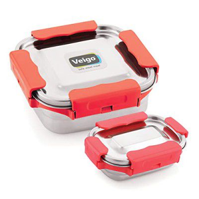 Veigo Premium Finish Maxo Series Stainless Steel Medium & Small Airtight Leak-Proof Lunch Box for Office, School, Picnic, (Medium 450 ml, Small 200ml)- Red