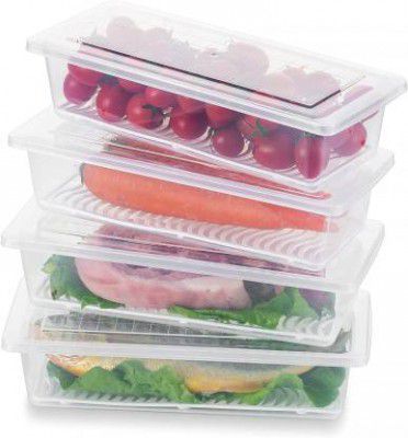 VENSWISE 4 pcs Storage Boxes with Removable Drain Plate and Lid Stackable - 1800 ml Plastic Fridge Container  (Pack of 4, Clear)