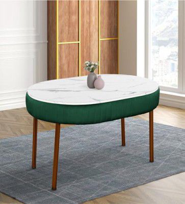 Vergo Plush Dining Table Suitable for 4-6 Seater Oval | Wooden Top with Marble Finish, Velvet Fabric, 3 Years Warranty (Dark Green)