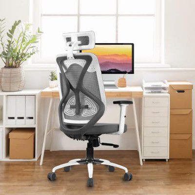 Vergo Transform Ergonomic High Back Mesh Office Chair | Headrest, Lumbar Support, Adjustable 2D PU Armrests, Multi Lock Synchro Mechanism | Home Office Desk Chair, 3 Years Warranty (White Grey)