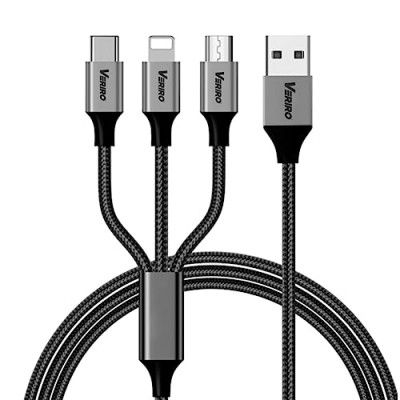 Veriro 3 in 1 Charging Cable | Fast Charging | Braided | Multipurpose Cable with 2.1 A Speed for Micro USB, iPhone & Type C devices | 1.2 Mtrs Long (4 ft)