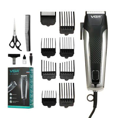 VGR V-120 Professional Hair Clipper with Self Sharpening Blades, 8 Guide Combs, Scissors, Comb, Taper Lever Adjustments for close cut trimming for men, Corded (Black)