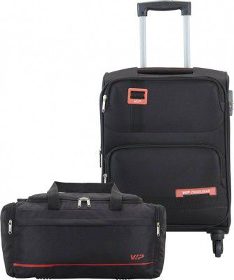 VIP Soft Body Set of 2 Luggage 4 Wheels - Domina Durable Polyester Soft sided Cabin size trolley with 45L duffle - Black