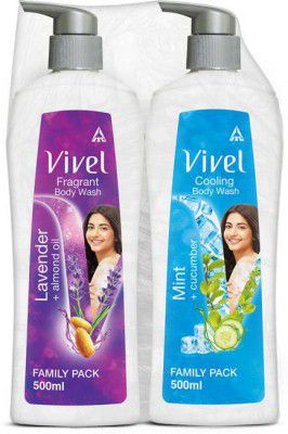 Vivel Body Wash, Lavender & Almond Oil, Mint & Cucumber, Shower Creme, Pump, Combo (2 x 500 ml)