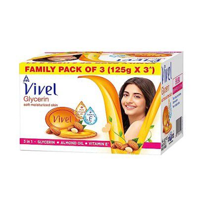 Vivel Glycerin Bathing Bar Soap for Soft Moisturized Skin with Pure Almond Oil & Vitamin E, Special Pack (125gx3)