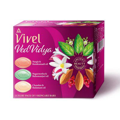 Vivel VedVidya Luxury Pack of 3 Skincare Soaps for Soft, Even-toned, Clear, Radiant and Glowing Skin, Suitable for all Skin types, 100g Pack of 3