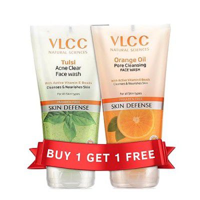 VLCC Tulsi Acne Clear Face Wash FREE Orange Oil Pore Cleansing Face Wash - 150ml X 2 (300ml)