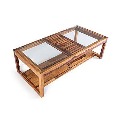 Wakefit Jackson Coffee Table with One Shelf (Sheesham Wood Glass Top)