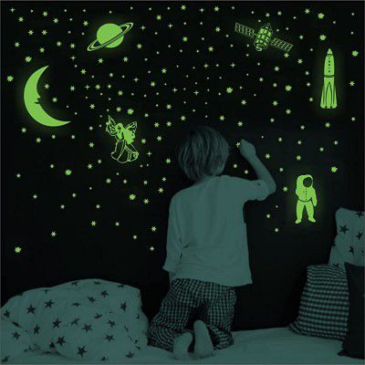 WallDaddy Vinyl Fluorescent Night Glow in The Dark Star Space Wall Sticker (Pack of 134 Stars Big and Small, Green, 12)