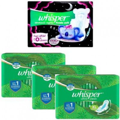 Whisper bindazzz night xxxl 4+ ultra clean xl8 +8+8 pads 28 Sanitary Pad (Pack of 28)