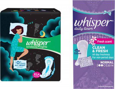 Whisper Nights 44s plus Panty liner 20s Sanitary Pad  (Pack of 44)