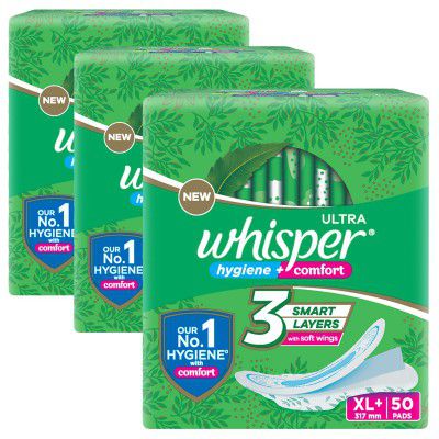 Whisper Ultra Clean Sanitary Pads for Women, XL+ 50 (Pack of 3) Napkins