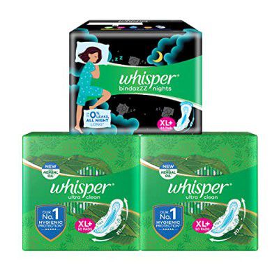 Whisper Ultra Clean Sanitary Pads for Women, XL+ 50 (Pack of 2) and Whisper Bindazzz Nights Sanitary Pads, XL+ 44 Napkins