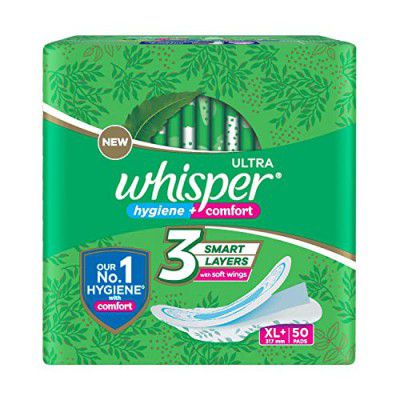 WHISPER ULTRA HYGIENE+COMFORT SANITARY PADS, 50 XL+ PADS