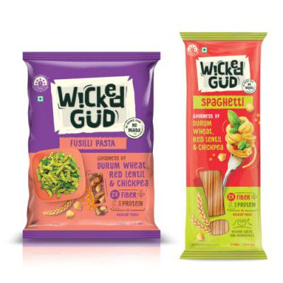 WickedGud 2X Fiber Fusilli & Spaghetti Pasta Combo | No Maida | Durum Wheat Semolina | Brown Rice | Red Lentils | Healthy Diet Pasta - 400gm x 2