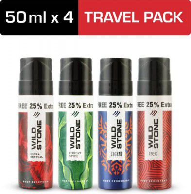 Wild Stone Forest Spice, Legend, Ultra Sensual & Red Travel Pack (50ml each) Deodorant Spray - For Men (200 ml, Pack of 4)