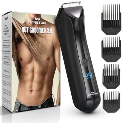 Winston Nut Groomer 2.0 Premium Ball Trimmer and Body Trimmer for Men with Ceramic Stainless Blade | Wireless, IPx7 Waterproof with LED display and 120min Run Time – Black