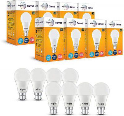 Wipro 10 W Standard B22 LED Bulb  (White, Pack of 8)