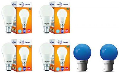 wipro Garnet Base B22D 10-Watt LED Bulb (Pack of 4, White) Glass Safelite N10004 B22 0.5-Watt Led Night Lamp (Pack Of 2, Blue