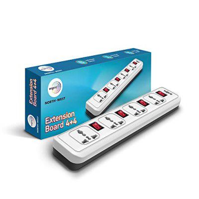 Wipro 4+4 Extension Cord with 2 mtr Cord Length | 4 Way Multi Socket Spike Guard | Individual Switch | Child safty | Auto Cutoff | Fire Resistant, Pack of 1