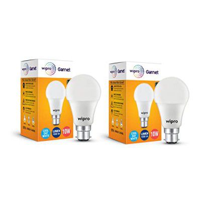 Wipro Garnet 10W LED Bulb for Home & Office |Cool Day White (6500K) | B22 Base|220 Degree Light Coverage |4Kv Surge Protection |400V High Voltage Protection |Energy Efficient | Pack of 2