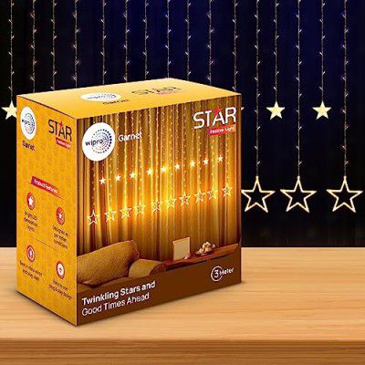 wipro Garnet 12 Stars Curtain LED Festive Lights | Indoor String Lights | Decoration for Diwali, Christmas, Wedding, New Year and Home |6 Large and 6 Small Stars | Warm White, 108 LEDs, Pack of 1