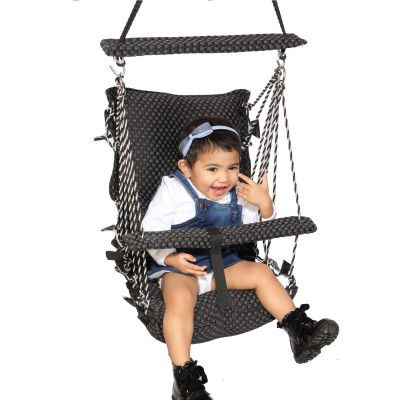 Wishing Clouds Piccolo Single Seater Swing for Baby, Oonjal for Kids for Indoor with Cotton Filling and Leg Lock Mechanism (Cotton, Black)