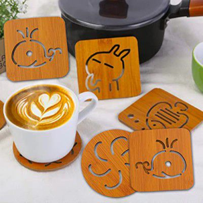 Wolpin Wood Table Coasters (Pack of 6 Pcs) Bamboo Tea Coasters Heat Insulation Pad for Glass Tea Cups Mugs/Bowl Anti-Slip Tumblers Jars (9.5 x 9.5 cm) Multifunctional