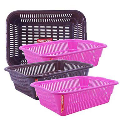 Wonder Plastic Natasha 1013 Fruit Basket Set, 4 Pcs Basket, Pink Brown Color, Made in India, KBS02576