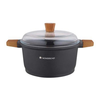 WONDERCHEF Caesar 2.16L Non Stick Aluminium Casserole with Toughened Glass (Induction Compatible, German Beechwood Handle, Black)