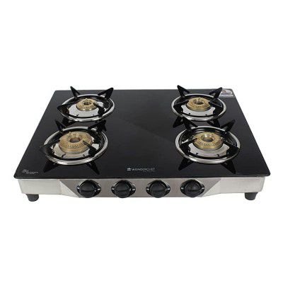 Wonderchef Energy 4 Burner Glass Cooktop, Black 8mm Toughened Glass with 1 Year Warranty, Soft Touch Knobs, Efficient Brass Burners, Stainless Steel Double Drip Tray