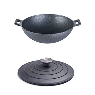 Wonderchef Forza 24 cm Cast-iron Kadhai with lid combo, Pre-Seasoned Cookware, Induction Friendly, 1.9L, 3.8 mm