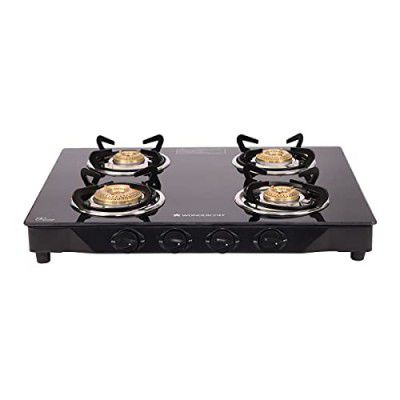 Wonderchef Glory 4 Burner Glass Cooktop, Black 8mm Toughened Glass With 2 Years Warranty, Ergonomic Knobs, Stainless Steel Drip Tray, Manual Ignition Gas Stove