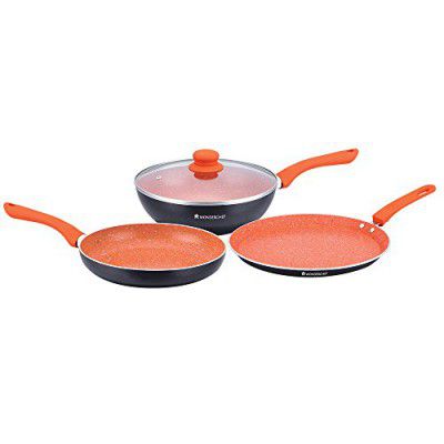 Wonderchef Sakura Aluminium Induction Base Cookware Set, Set of 3-Pieces with lid, Black/Orange