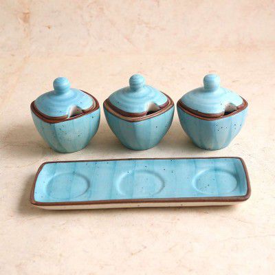 Wonderchef Teramo Stoneware 3pcs Pickle Set with Lid & Tray - Blue