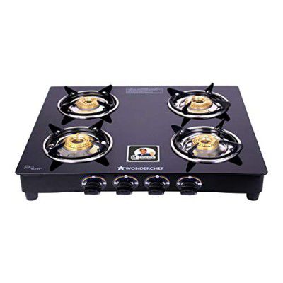 Wonderchef Ultima 4 Burner Manual Glass Cooktop | 6mm Toughened Glass Cooktop | Stainless Steel Drip tray | Anti-Skid Legs | Large Pan support | Manual Ignition | 360 degree Revolving Nozzle | Black s