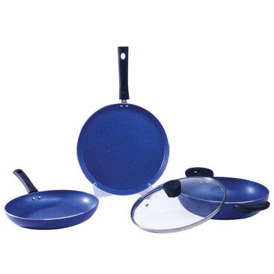 Wonderchef Valencia Non-Stick Cookware 4 Piece Set | Kadhai with Lid, Fry Pan, Dosa Tawa | Induction Friendly | Cool Touch Bakelite Handles | Pure Grade Aluminium| PFOA Free| 2 Years Warranty | Blue