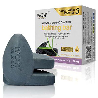 WOW Skin Science Activated Bamboo Charcoal Bathing Soap - with Bamboo Charcoal Powder - Super Value Pack of 3-Skin-Friendly with 5.5 pH-No Artificial Colors, Parabens, Mineral Oil etc- 225g (75g X 3)